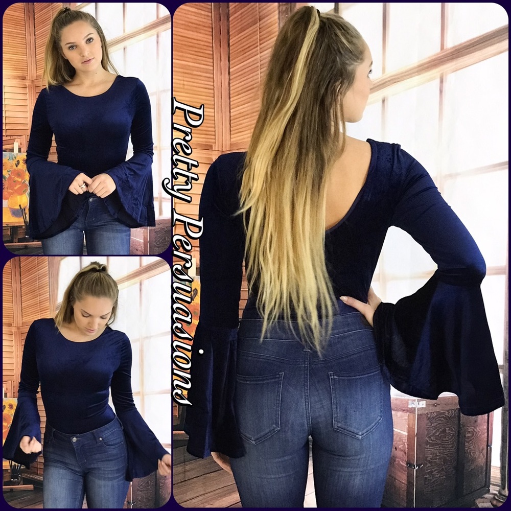 SOLD OUT‼️ NWT Navy Velvet Bell Sleeve Bodysuit - Picture 7 of 8