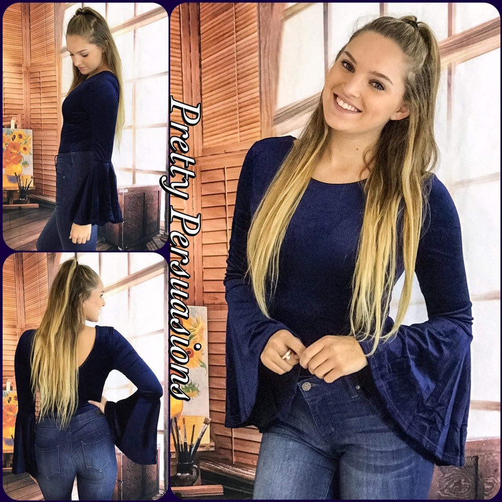SOLD OUT‼️ NWT Navy Velvet Bell Sleeve Bodysuit - Picture 8 of 8