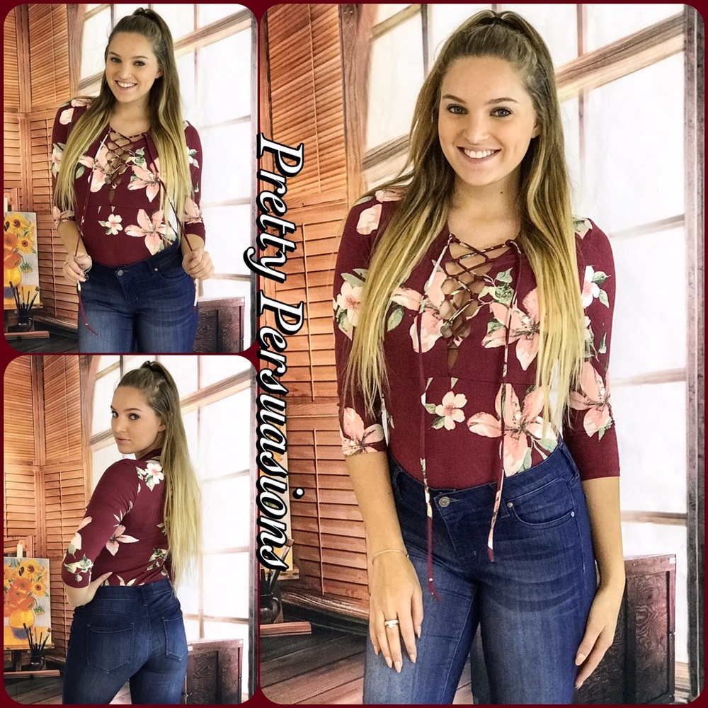 SALE‼️ NWT Burgundy Floral Lace Up Jersey Bodysuit - Picture 6 of 7