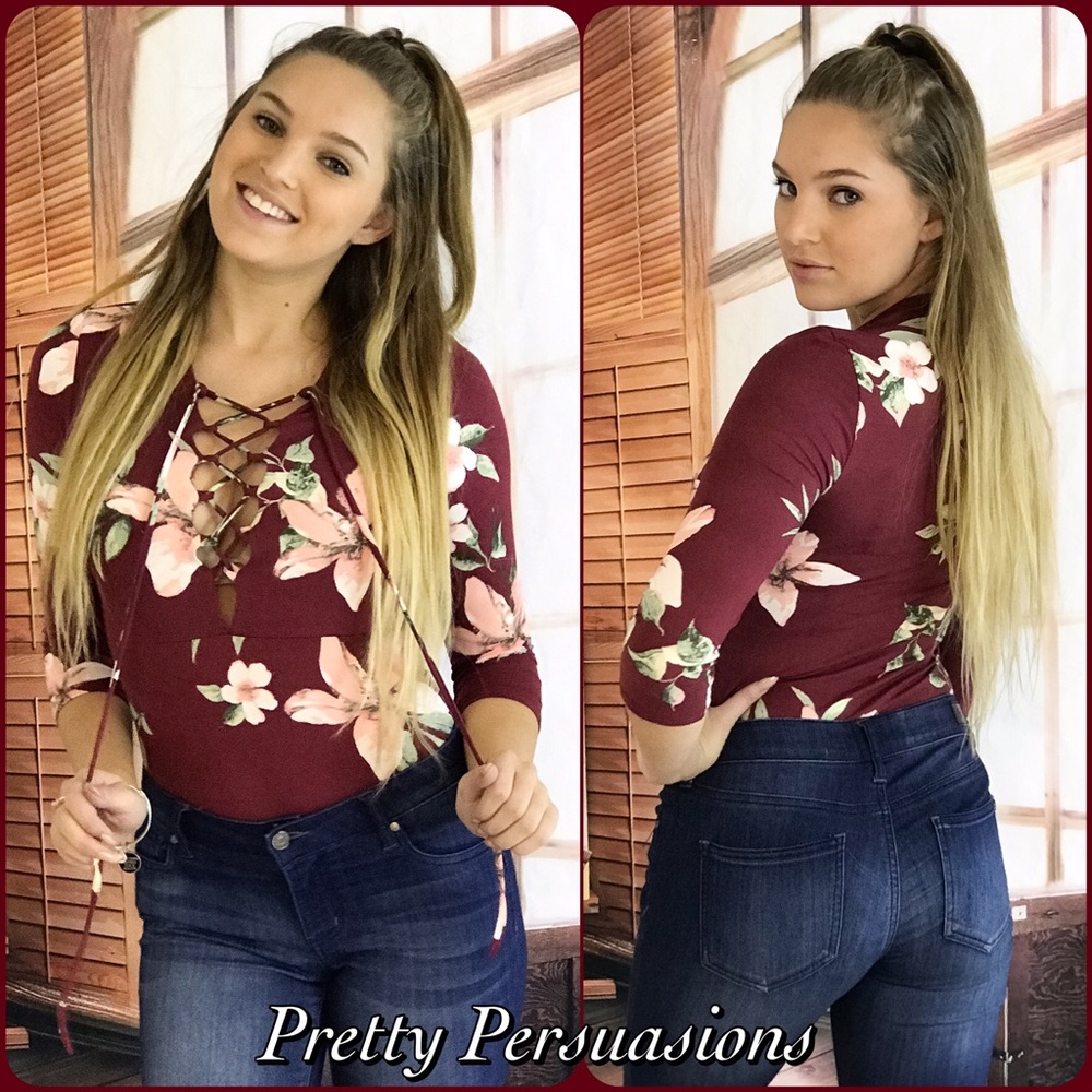 SALE‼️ NWT Burgundy Floral Lace Up Jersey Bodysuit - Picture 7 of 7