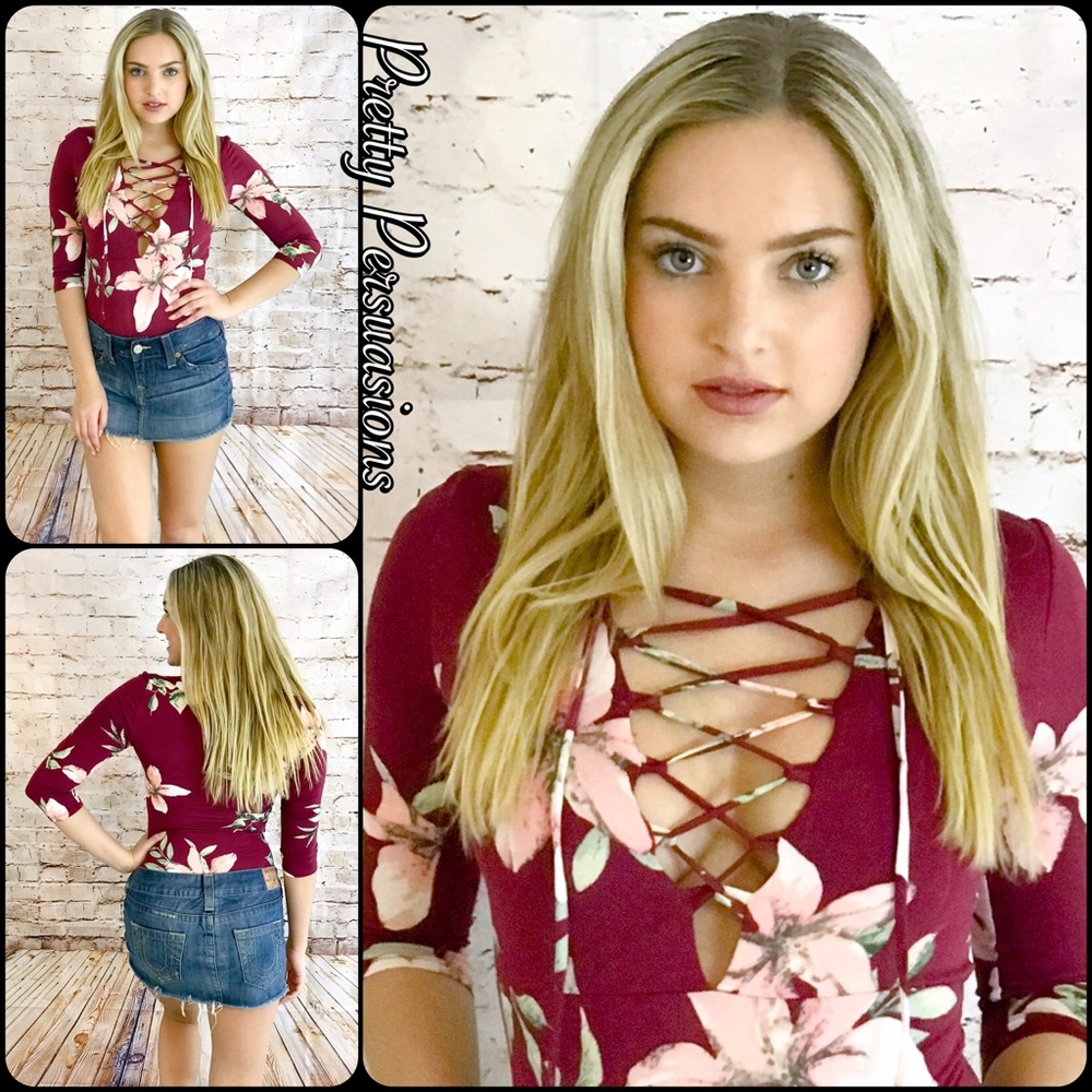 SALE‼️ NWT Burgundy Floral Lace Up Jersey Bodysuit - Picture 4 of 7