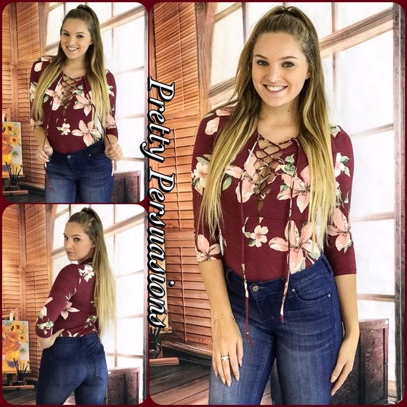 SALE‼️ NWT Burgundy Floral Lace Up Jersey Bodysuit - Picture 6 of 7