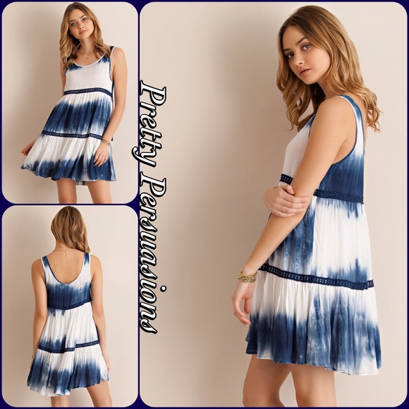 NWT Navy White Tie Dyed & Crochet Trim Slip Dress - Picture 2 of 4