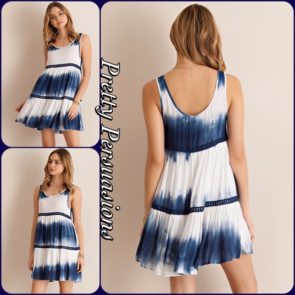 NWT Navy White Tie Dyed & Crochet Trim Slip Dress - Picture 3 of 4