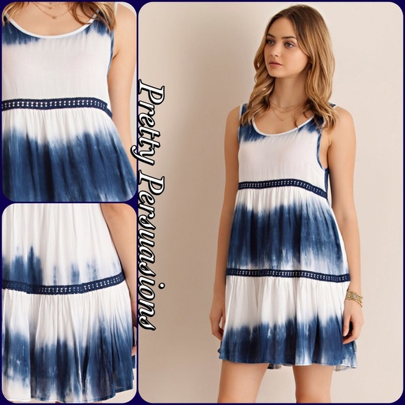 NWT Navy White Tie Dyed & Crochet Trim Slip Dress - Picture 4 of 4
