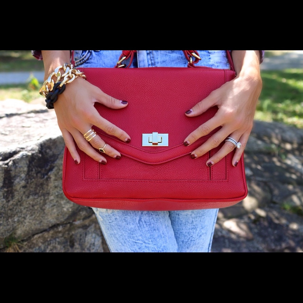Red Faux Leather Satchel Bag
