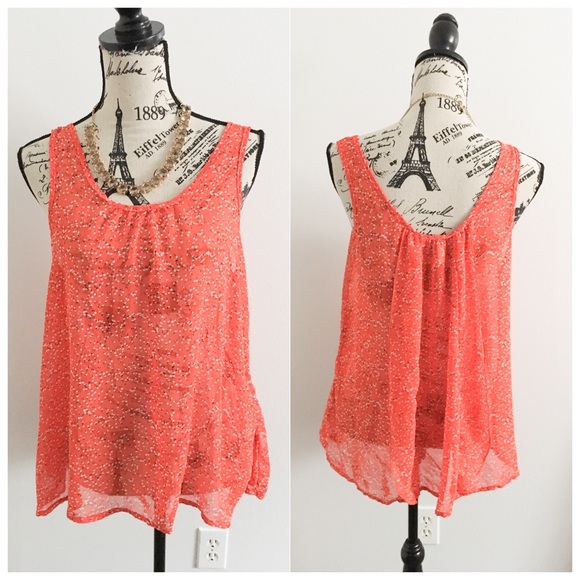 DNA Couture Tops - Orange White + Black Sheer Floral Tank