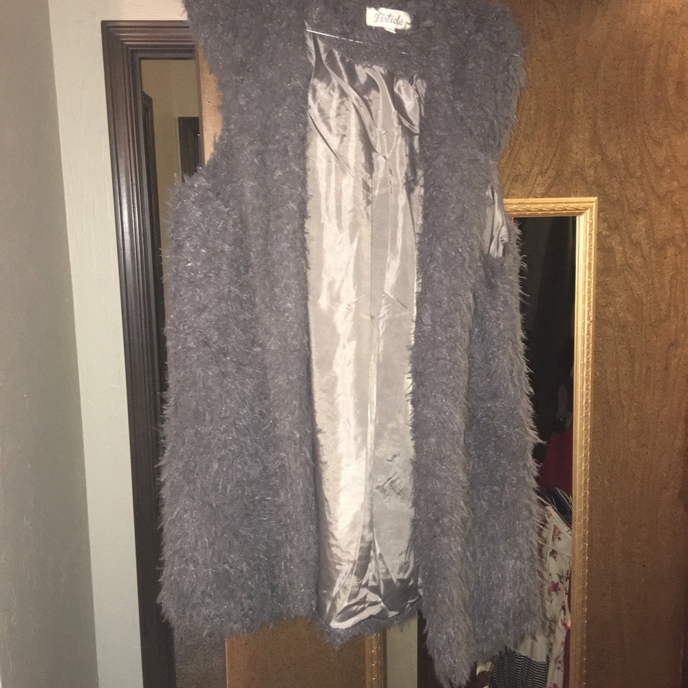 Grey fuzzy vest with hood