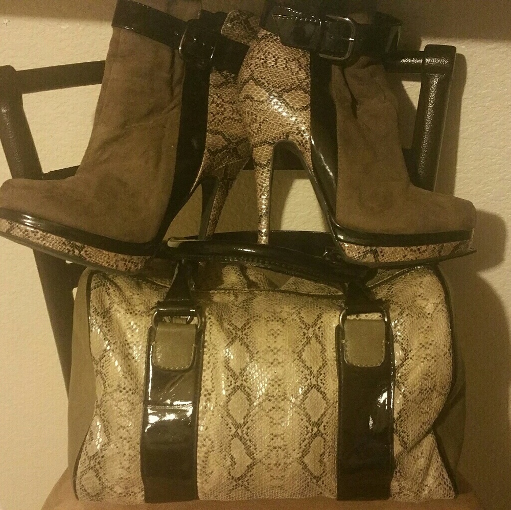 Snakeskin leather and suede ankle boots and purse