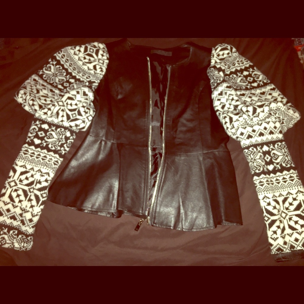 Stylish Faux Leather/Sweater Peplum Jacket