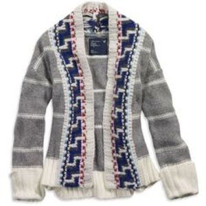 AE Women's Fair Isle Trim Open Cardigan (Grey)