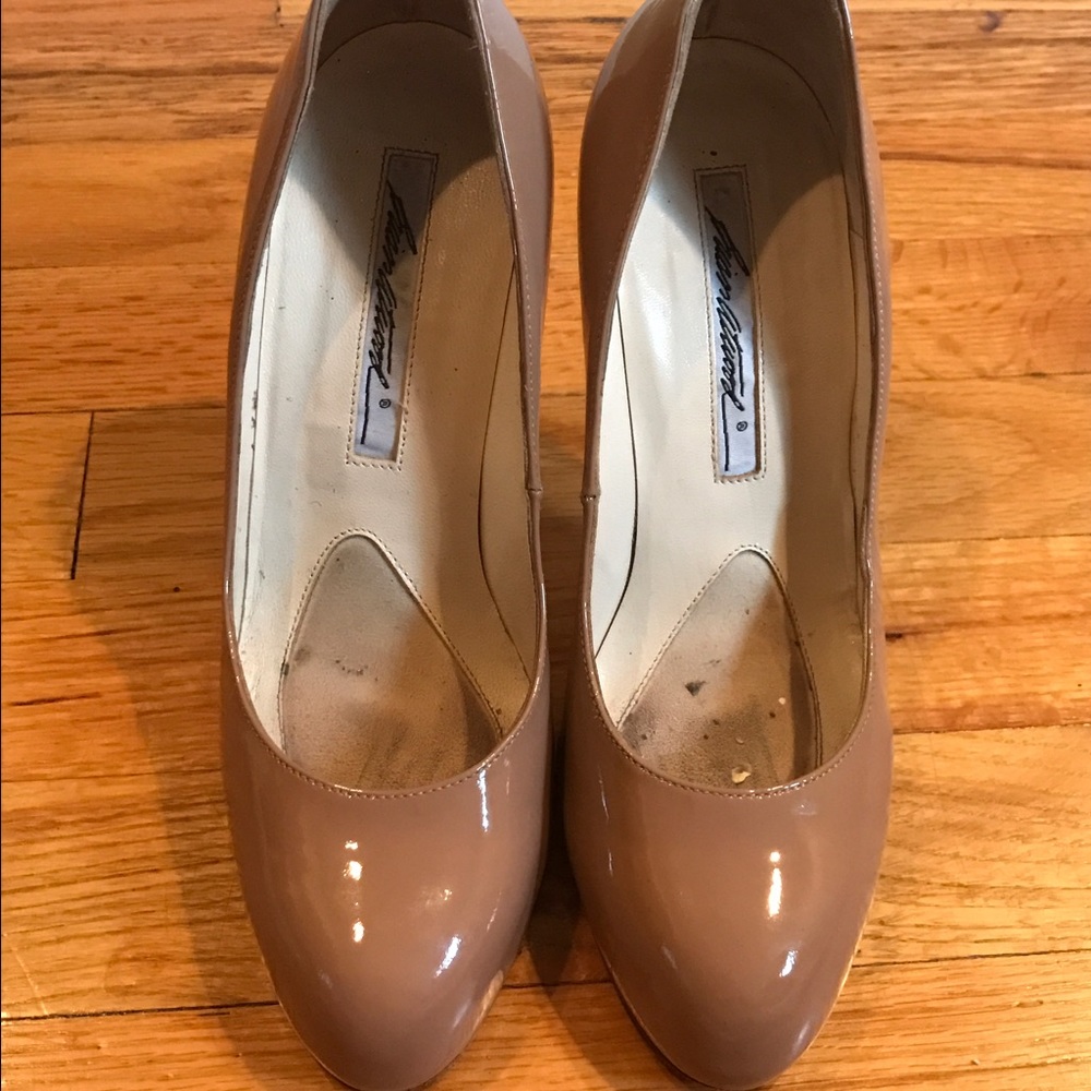 Brian Atwood 35.5 beige platform heels.