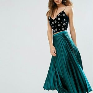 ASOS Green Midi Skirt in Pleated Satin