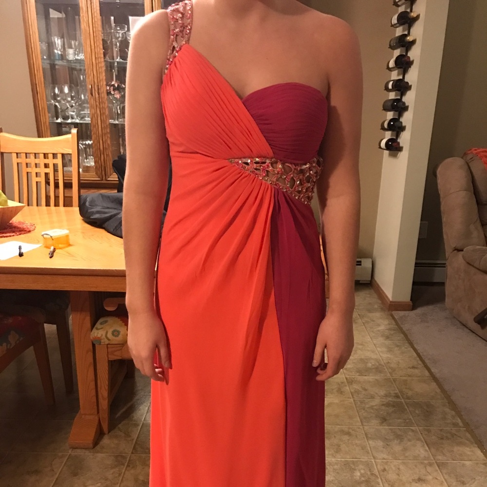 Dual colored fuchsia and coral open back prom gown
