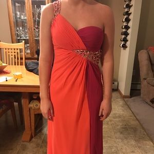 Dual colored fuchsia and coral open back prom gown