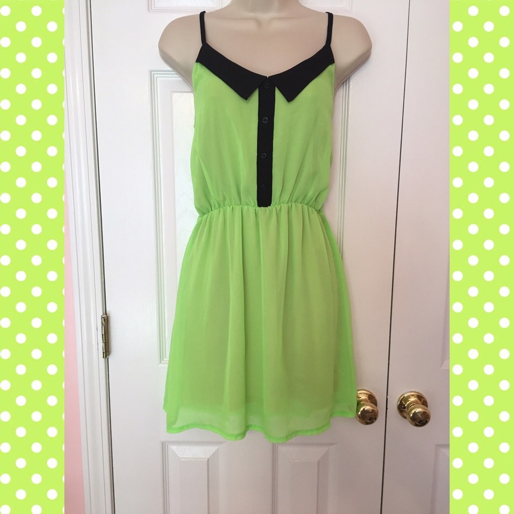 Green Chiffon Dress with Black Accents