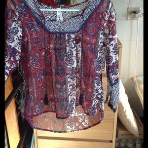 red and blue patterned shirt