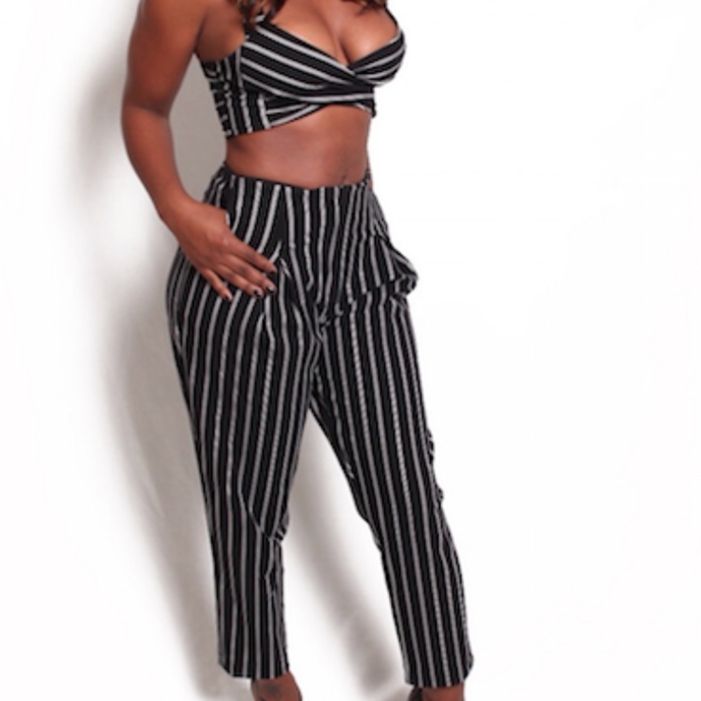 Two piece crop top and ankle pant pinstriped set