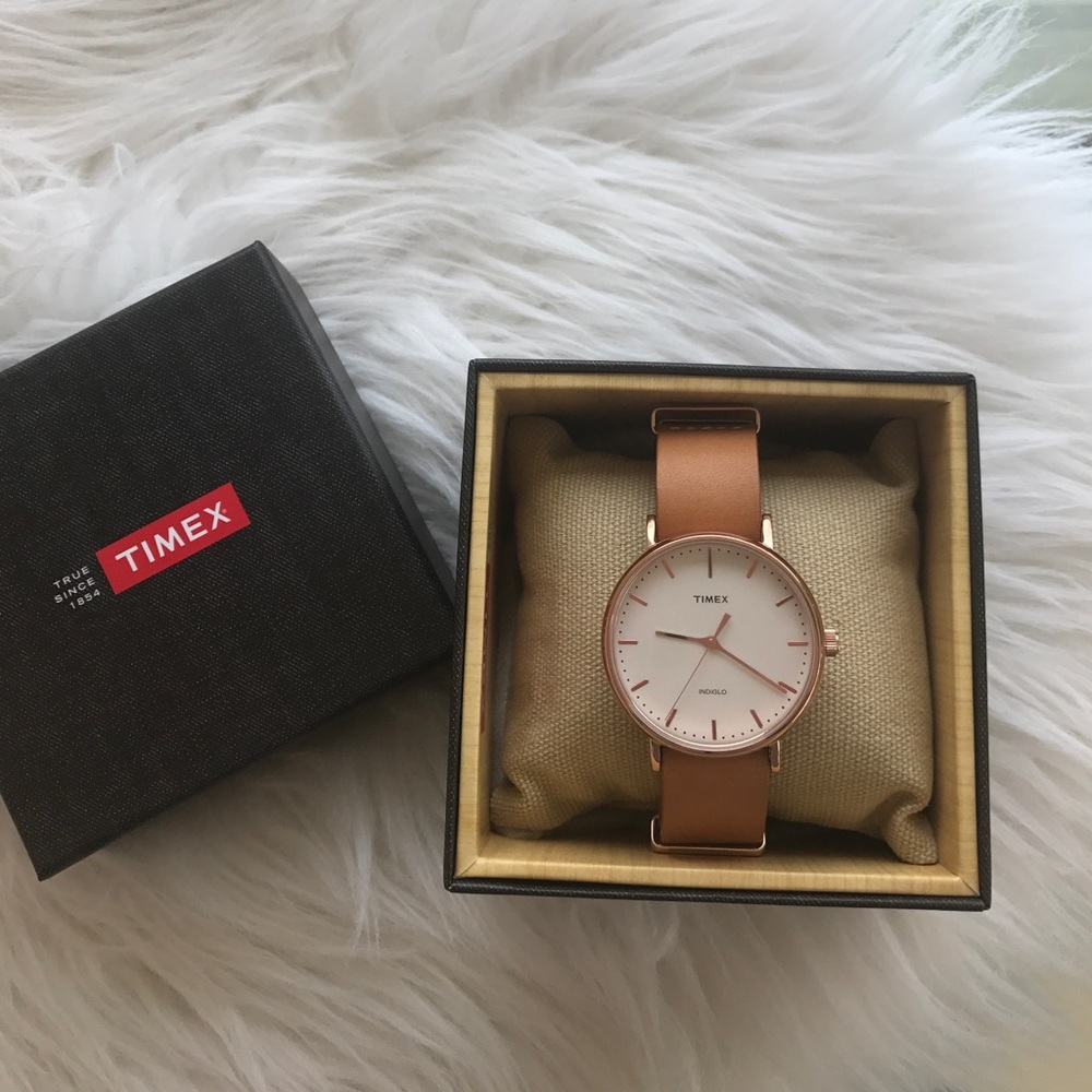 Tan and rose gold Timex leather watch