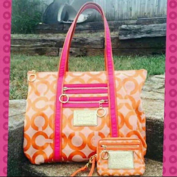 Coach Handbags - Authentic Coach Poppy pink/orange tote & wallet