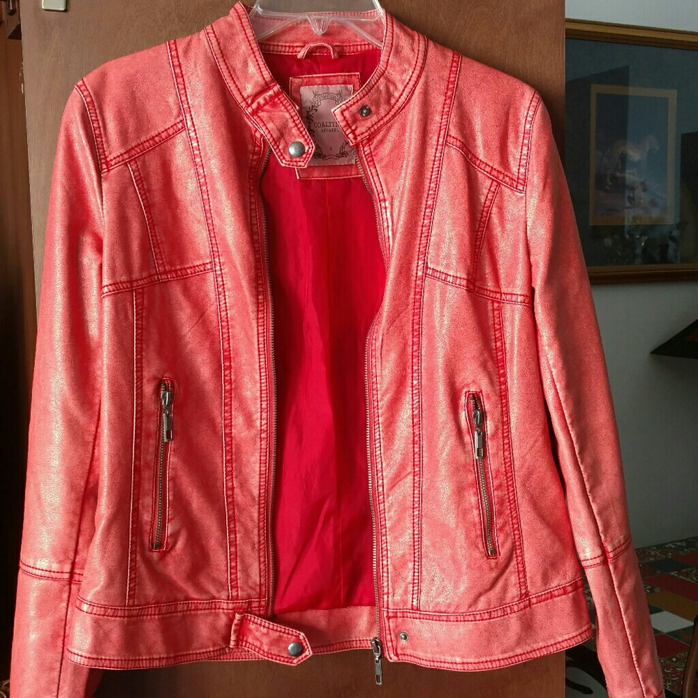 Faux Leather Coral Color Jacket- Coalition Apparel