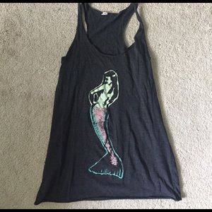 dark gray multi colored mermaid screen print tank