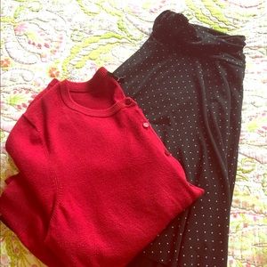 Red sweater and polka dot skirt combo