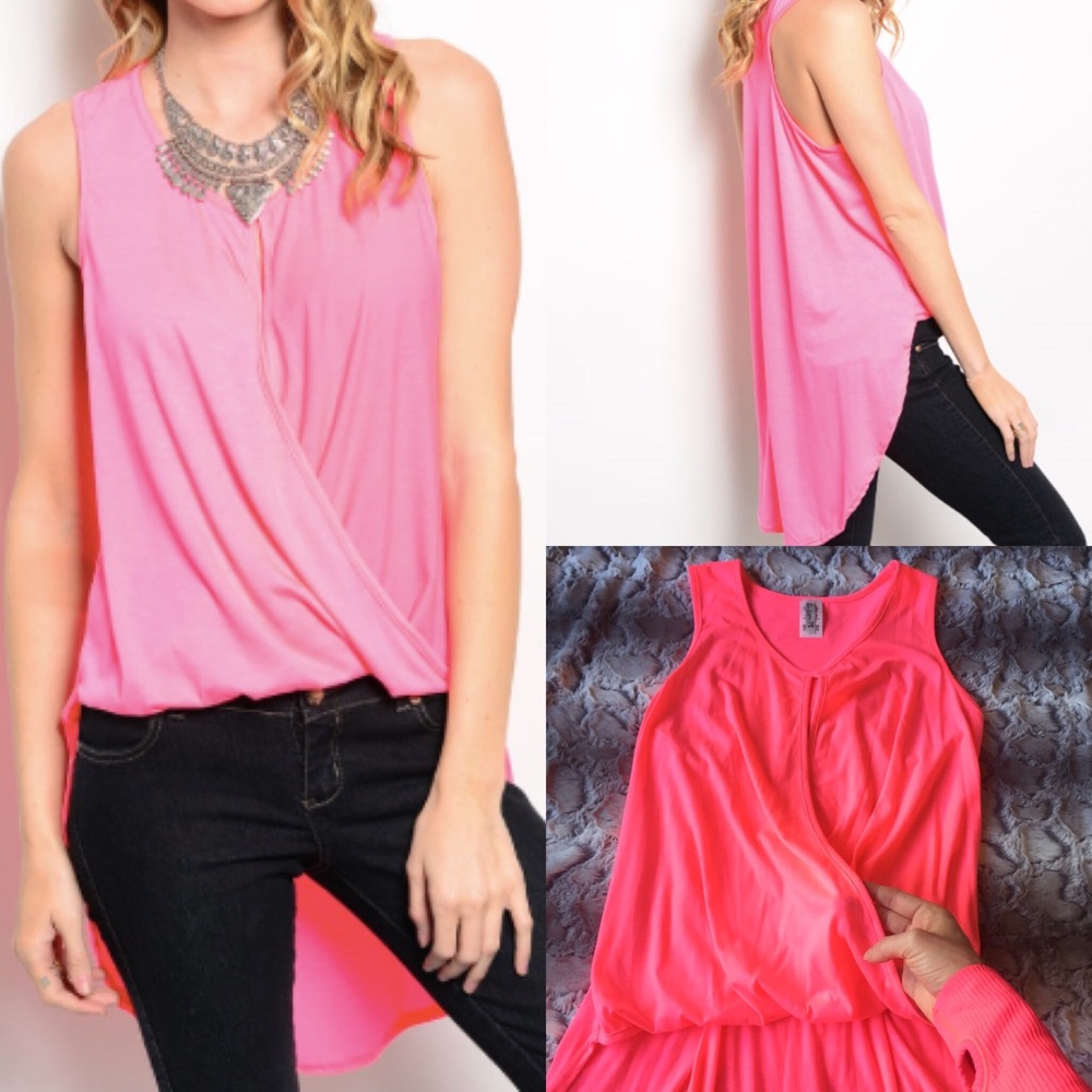 🆑 BLOWOUT Hi-low NEON Pink Blouse - Picture 2 of 6