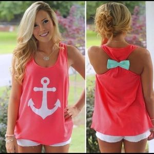 Coral Anchor Sleeveless Back Bow Vest Tank Top