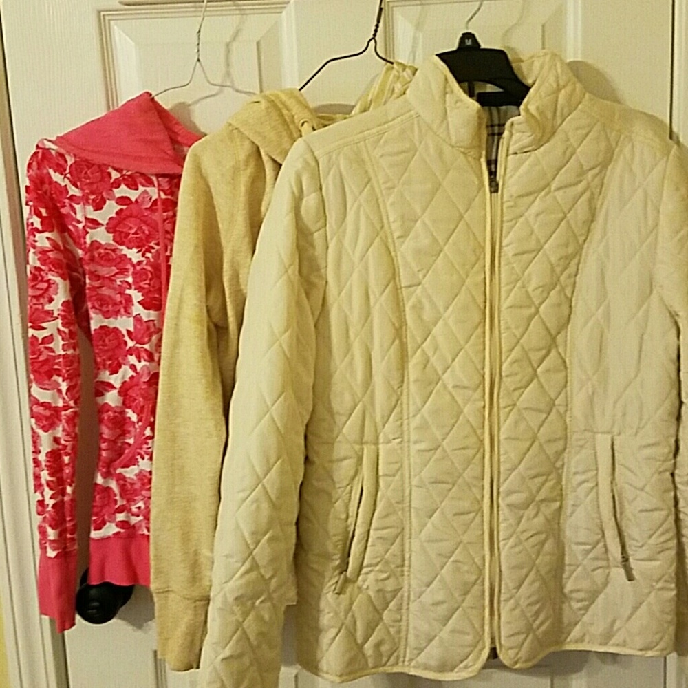 2 sweat shirt jackets and one light puffer jacket