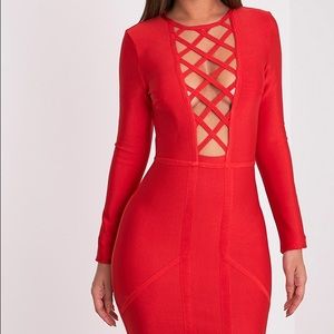 Pretty Little Thing Red Plunge bodycon dress