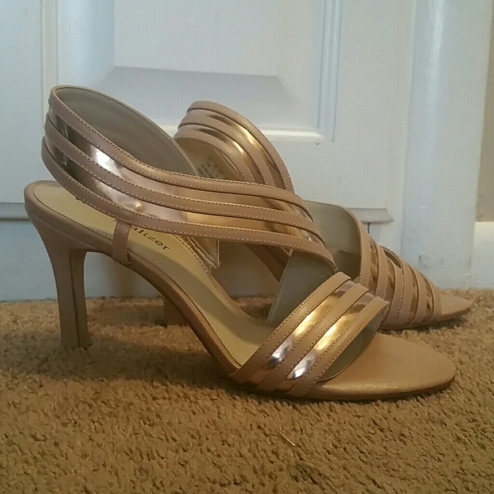 Nude and metallic strappy high heels