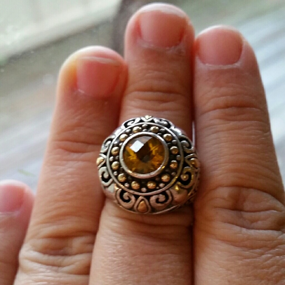 Bohemian Silver Gold Citrine Royal Bali Ring 7.5
