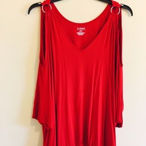 Plus size, red, cold shoulder, tunic