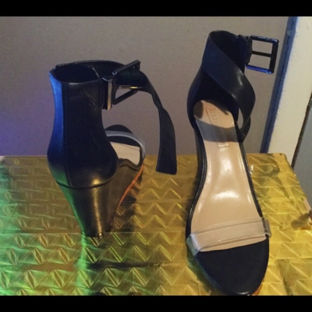 Black wedge heel sandal with LUCITE strap