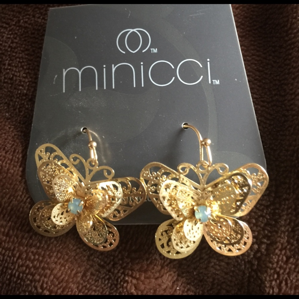 Butterfly gold tone filigree earrings