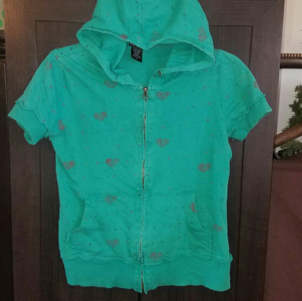 Wet Seal short sleeve teal heart print hoodie m