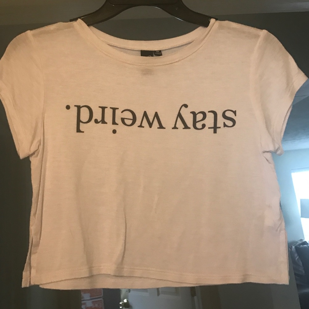White "Stay Weird" crop top