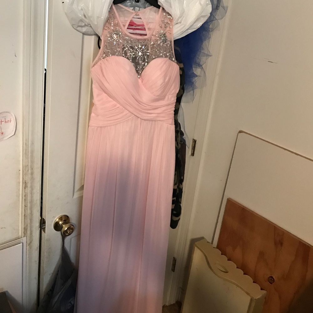 floor length blush pink prom dress