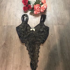 Vintage Lace Thong Bodysuit w Gold Bows