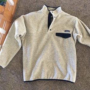 Mens tan and blue synchilla snap sweater