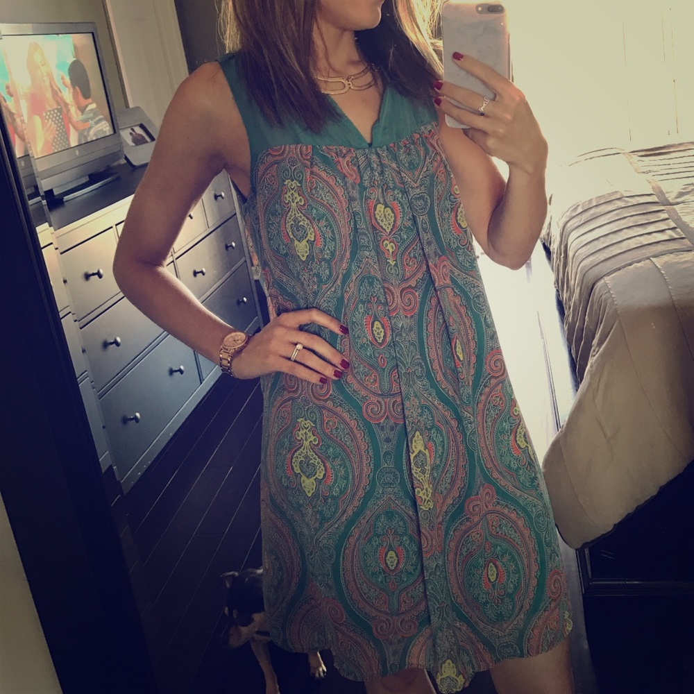 Flowy dress; green w/ orange, yellow, & purple