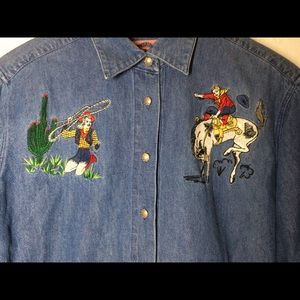 Vintage Blue Denim Embroidered and Beaded Shirt