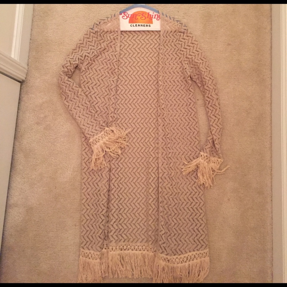 Long tan fringe knit cardigan
