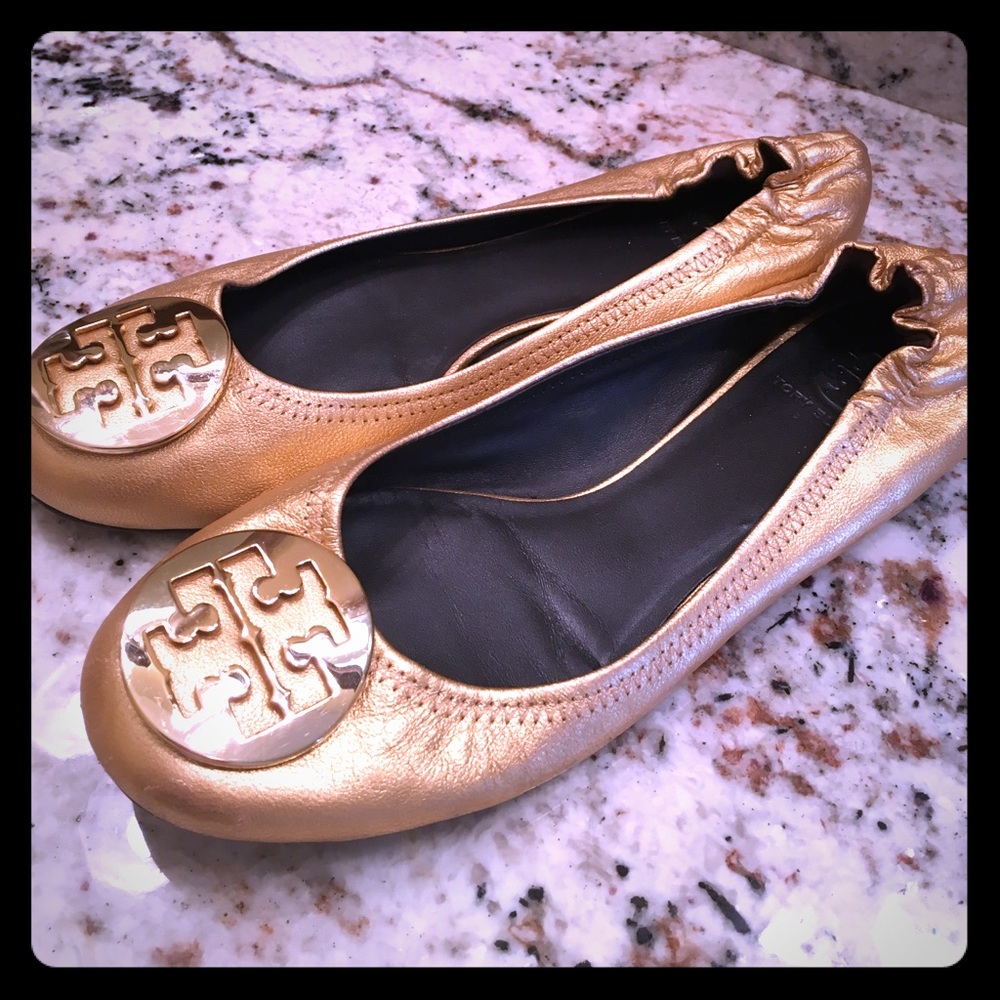 Tory Burch Reva Crackled Metallic Gold Flats