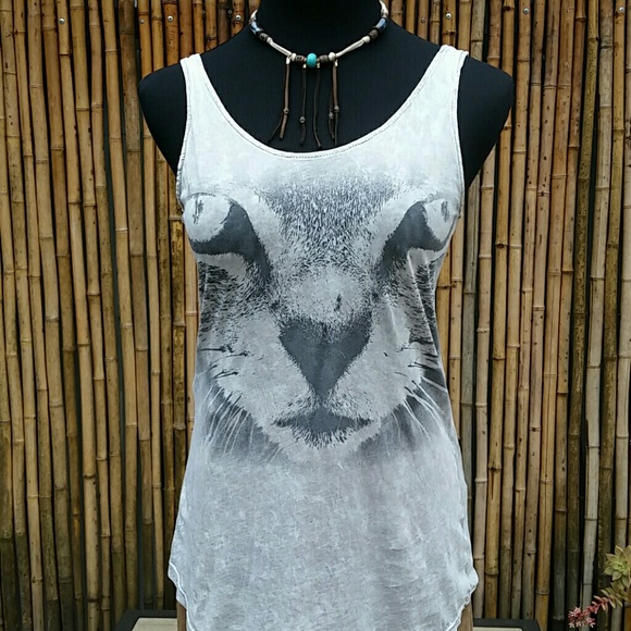 Boho Tops - PUSSY CAT White & Gray Cat Face Cute Tank Top Sm