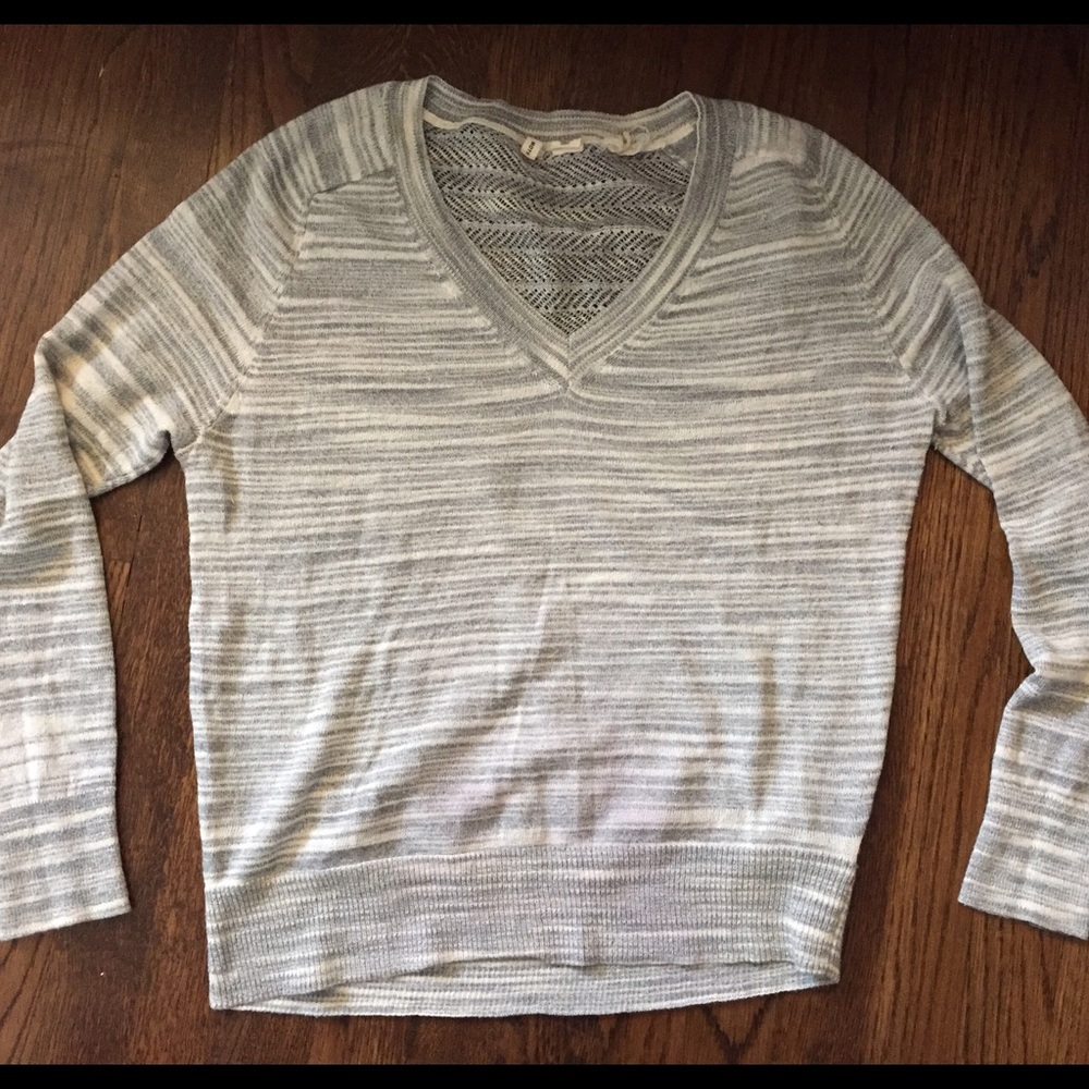 Heather gray sweater with open-weave back