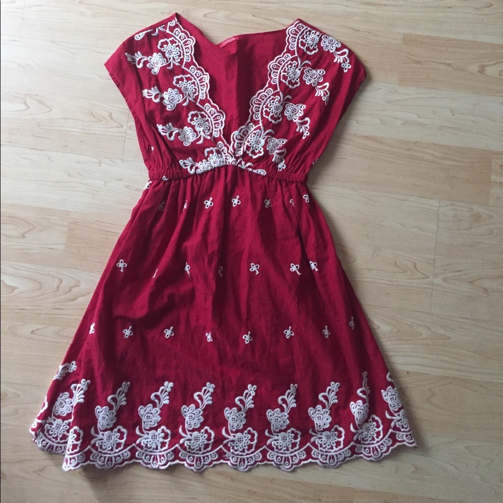 Red + white embroidered dress by Janette John 3:16