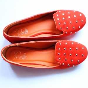 Orange Metal-Studded Loafers