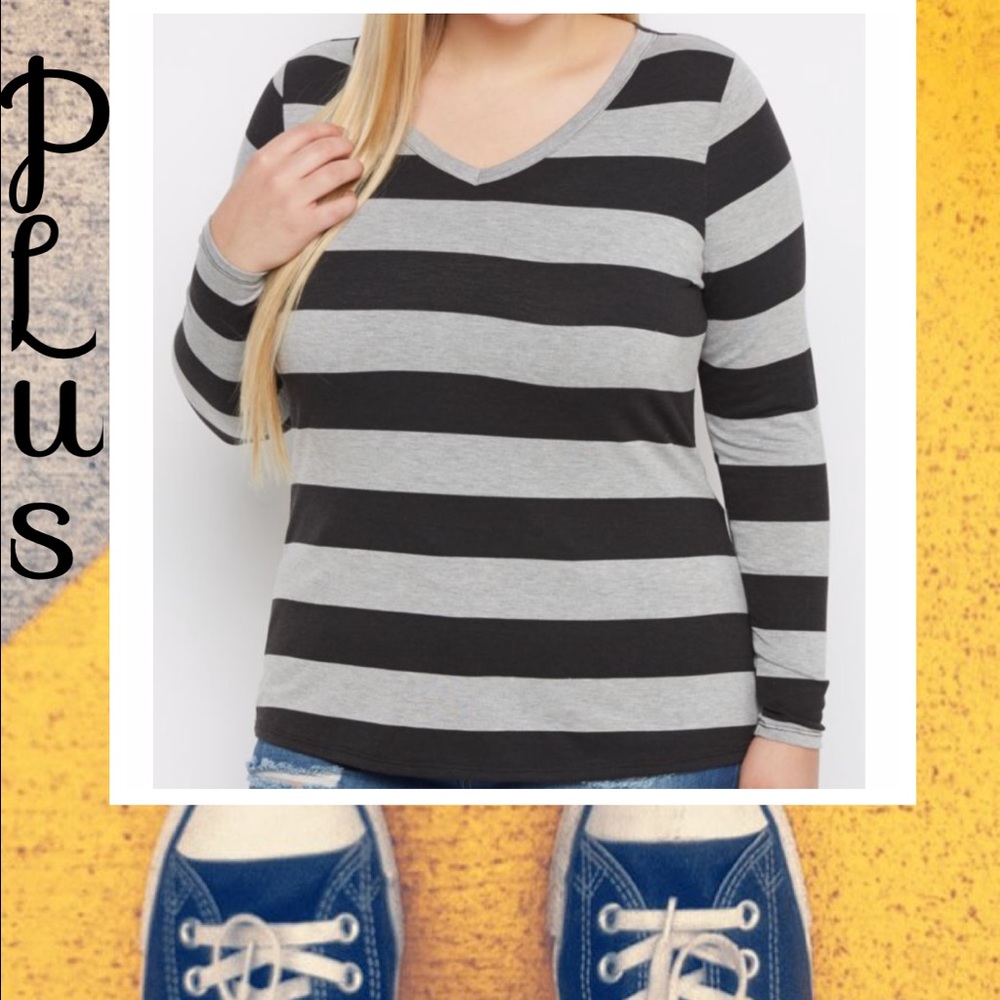 Plus Gray Wide Striped  V-neck Shirt